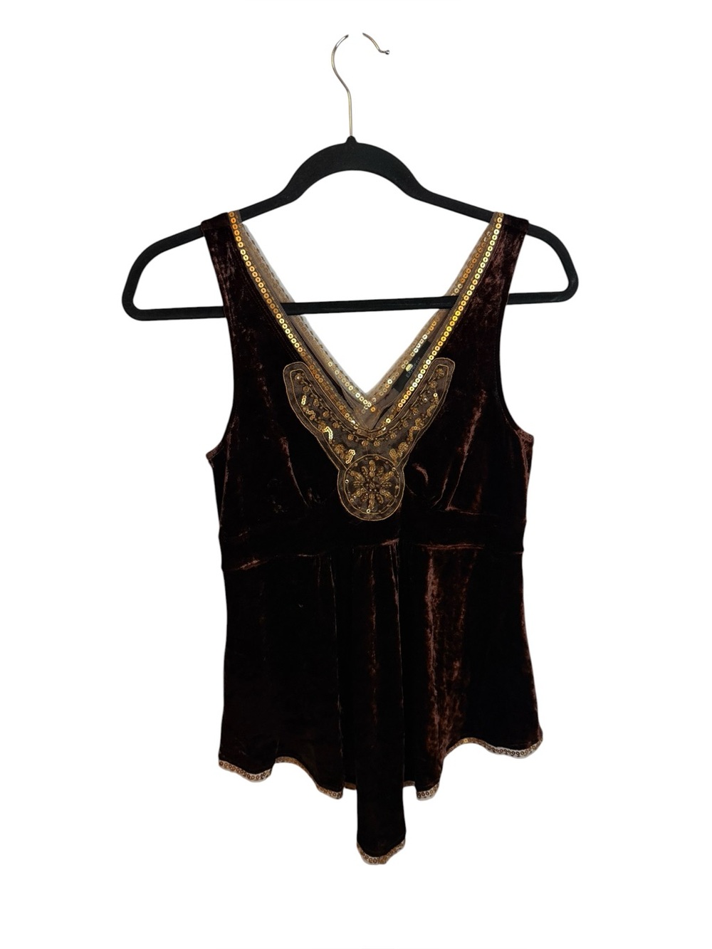 Express Vintage Y2K Brown Velour Sequin Asymmetrical Boho Top